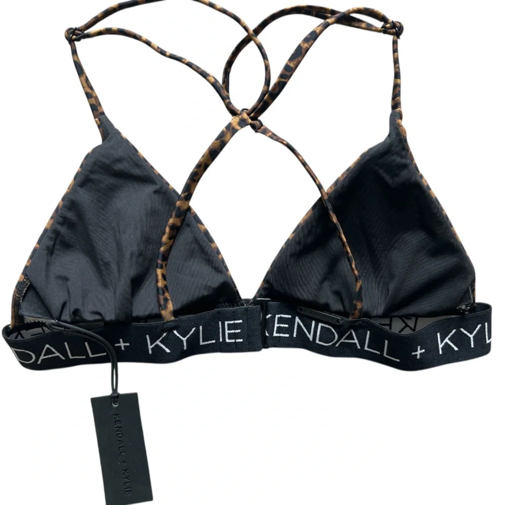 Kendall + Kylie Leopard Triangle Bikini Top Cross Back Strappy Logo Band Size M‎